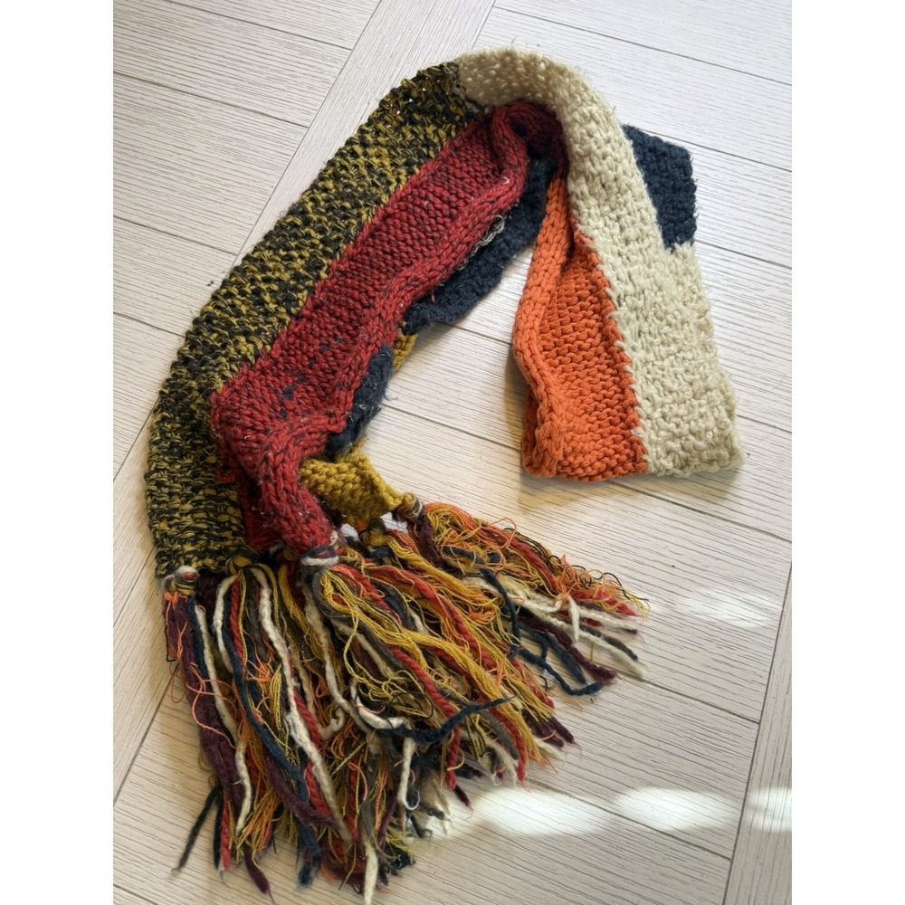 Lucky Brand Patchwork Acrylic Retro Knit Scarf Floral Tassel Trim Boho Hippy 66" - Picture 6 of 10